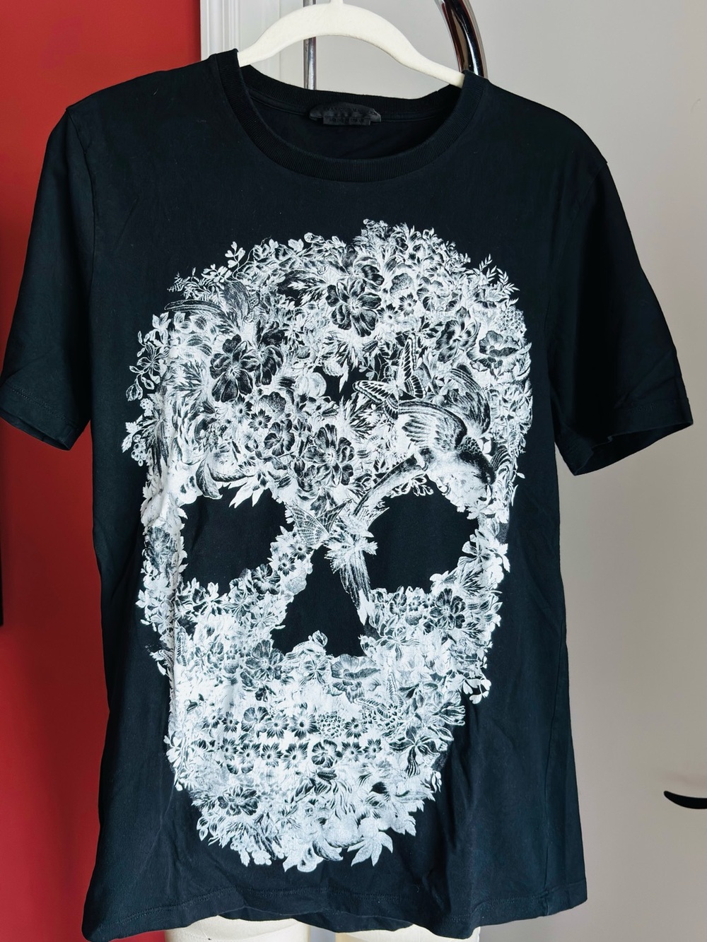 Alexander McQueen Black Tee with White Floral Skull Graphic